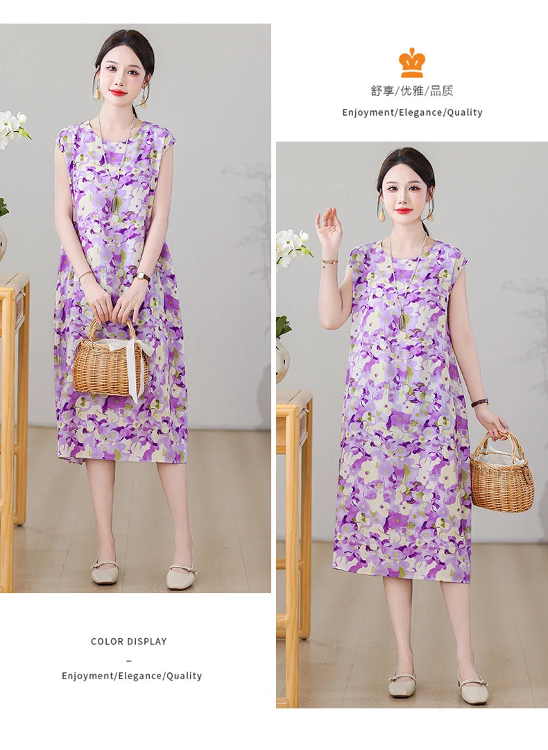 New Fashion Vintage Floral Print  Sleeveless Casual Party Femme Summer Dresses For Women 2025 O-neck Straight Women Clothing