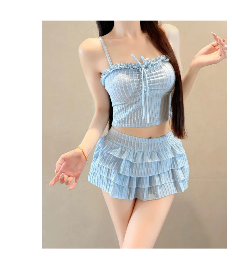 Summer 2 Piece Skirt Set Women Tube Top Tie Front Ruffle Mini Skirt Y2K Cute Holiday Beachwear