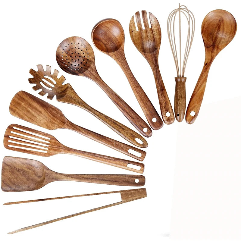 LMETJMA 10 Unidades de Utensilios de Cocina de Madera de Teca Natural, Juego de Cucharas y Espátulas de Madera para Cocinar y Hornear JT503