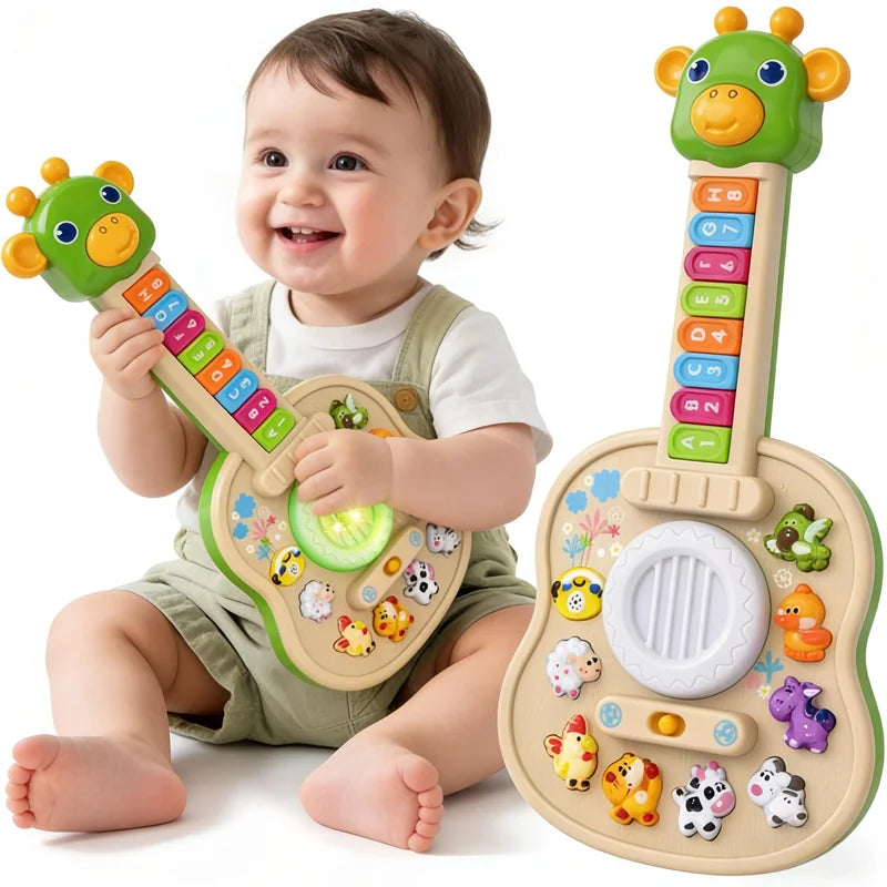 Children's Electronic Guitar, Baby Piano with Animal Sounds, Color Recognition,Lights & Melodies Educational Toy, Green Giraffe