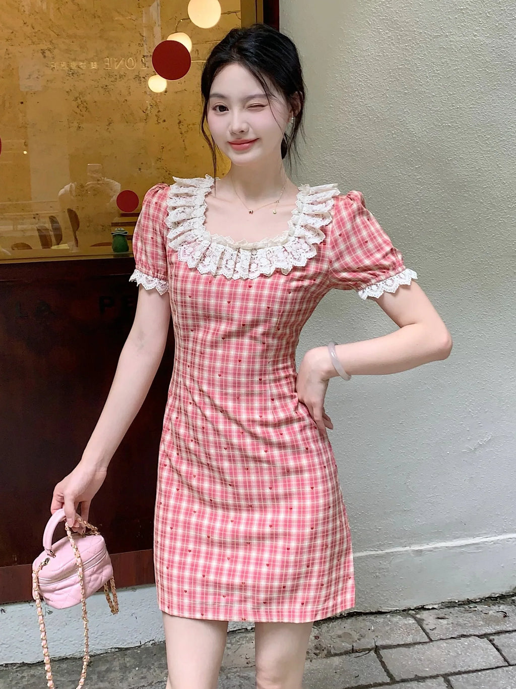 Plus Size Red Plaid A-Line Dress | High Waist Lace Trim Korean Style