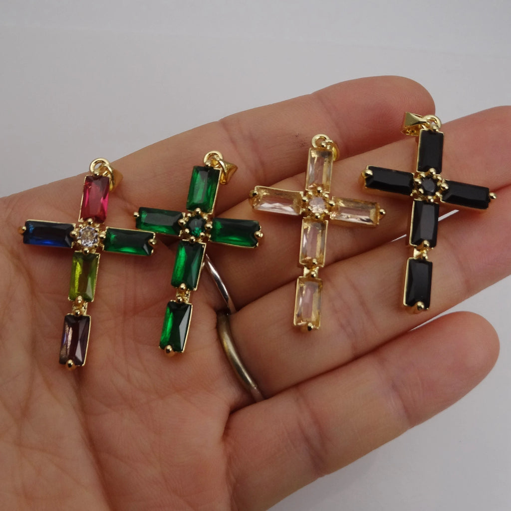 24*37Mm Mix Color Cross Pendant Brass Microlaid Cubic Zirconium Gold Plated Charm Pendant Making Necklaces For Women'S