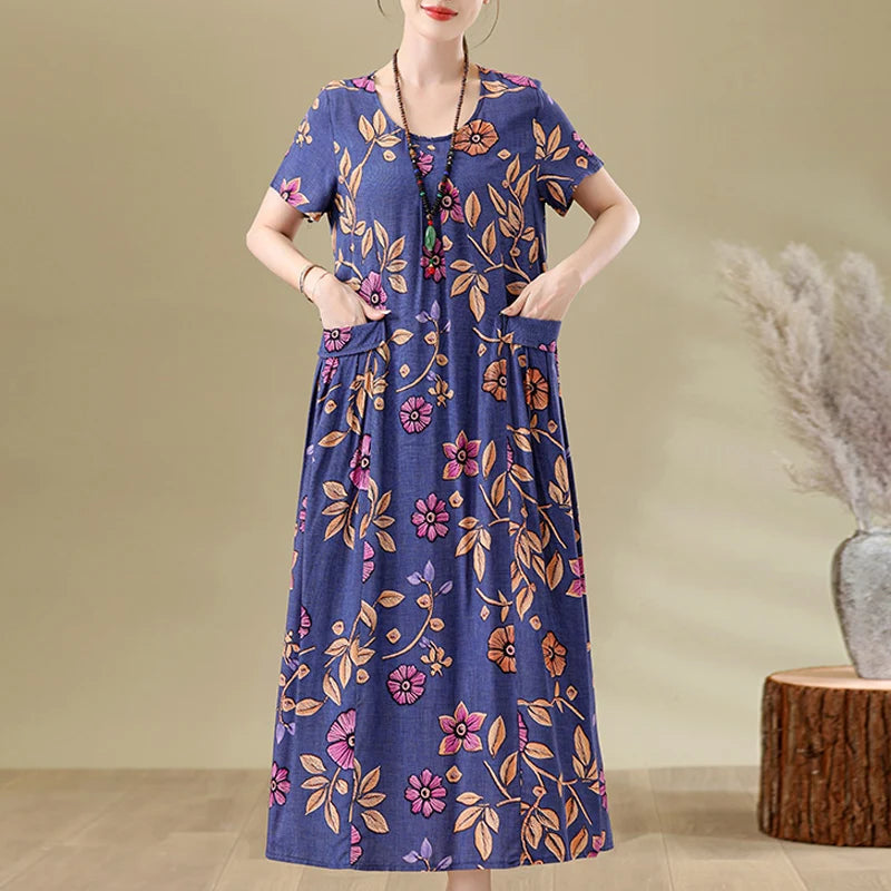 New Fashion Casual Summer Dresses For Women 2026 Loose Plus Size Clothes Elegant printting O-neck Short Sleeve Woman Clothing