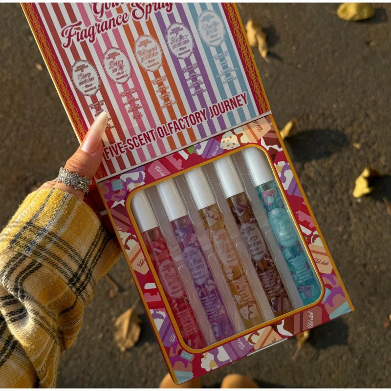 5pcs Gourmand Perfum Set Long Lasting Sweet Vanilla Cake Scent Mini Portable Fragrance Spray Set For Women