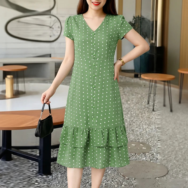 ZANZEA Summer Polka Dots Printed Women Dress Elegant Casual Holiday Beach Ruffled Sundress V Neck Short Sleeve Work Midi Dresses