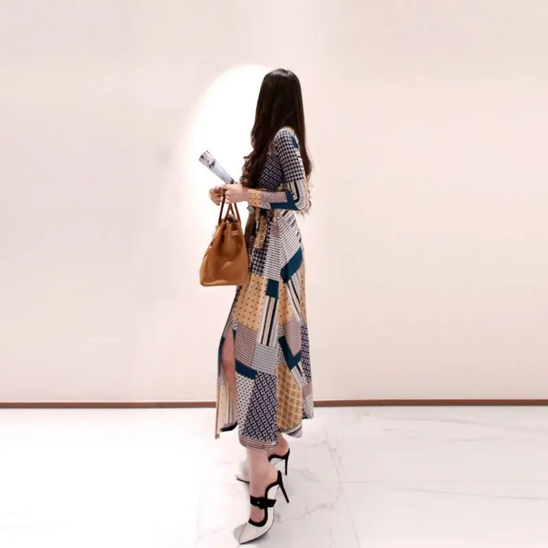 Vintage Print V-neck Lace-Up Maxi Dress | Korean Slim Long Sleeve.