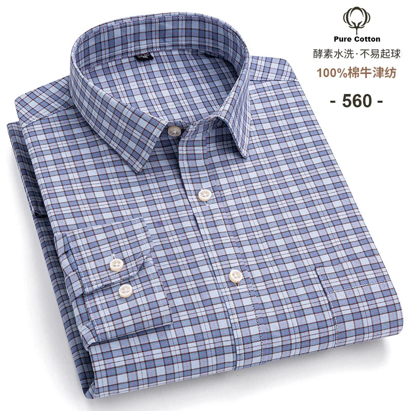 Men's Long Sleeve Plaid Oxford Shirt - 100% Cotton Button-Down