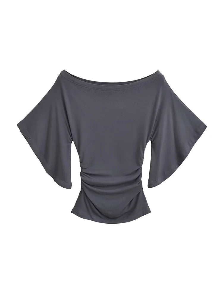 Women's Off-Shoulder T-Shirt - Bat Sleeve Ruched Slim Fit Top
