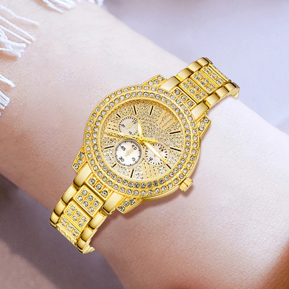 Women'S'S Quartz Watch Gold Luxury Women'S Ring Necklace Earring Rhinestone Fashion Wristwatch Casual Ladies Watches Jewelry Set ﻿