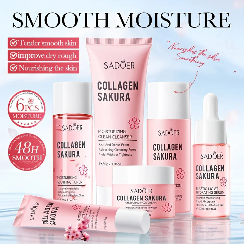 Collagen Sakura Moisturizing Travel 6-piece Set,Contain Cleanser, Toner, Lotion, Essence, Eye Cream, Face Cream, Facial Skincare