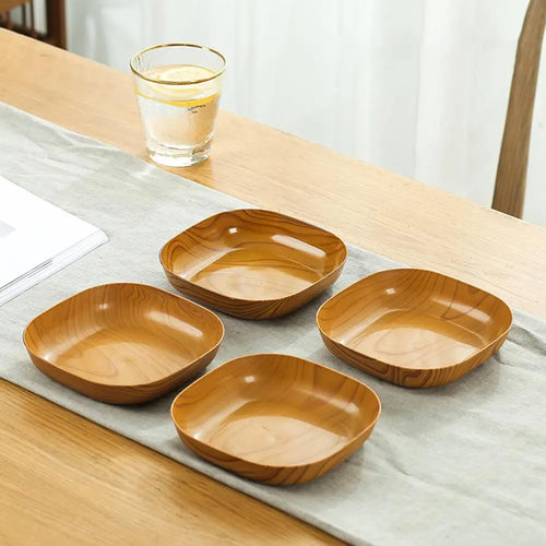 10pcs Japanese-Style Plastic Square Plates - Wood Grain 5.9"