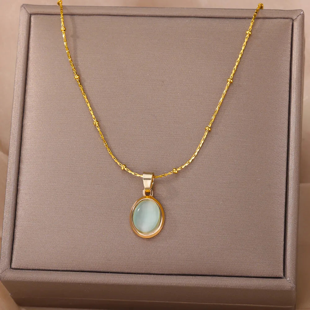Fashion Stone Opal Oval Necklace For Women'S Stainless Steel Gold Color Oval Stone Pendant Necklace Wedding Aesthetic Jewelry