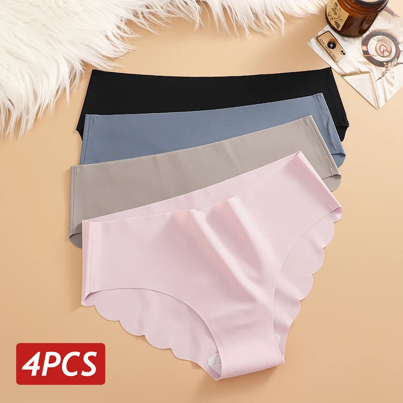 Ice Silk Seamless Panties 4Pcs/Set Women'S'S Briefs Solid Color Elastic Underwear Female Ultra Thin No Trace Wavy Side Panties