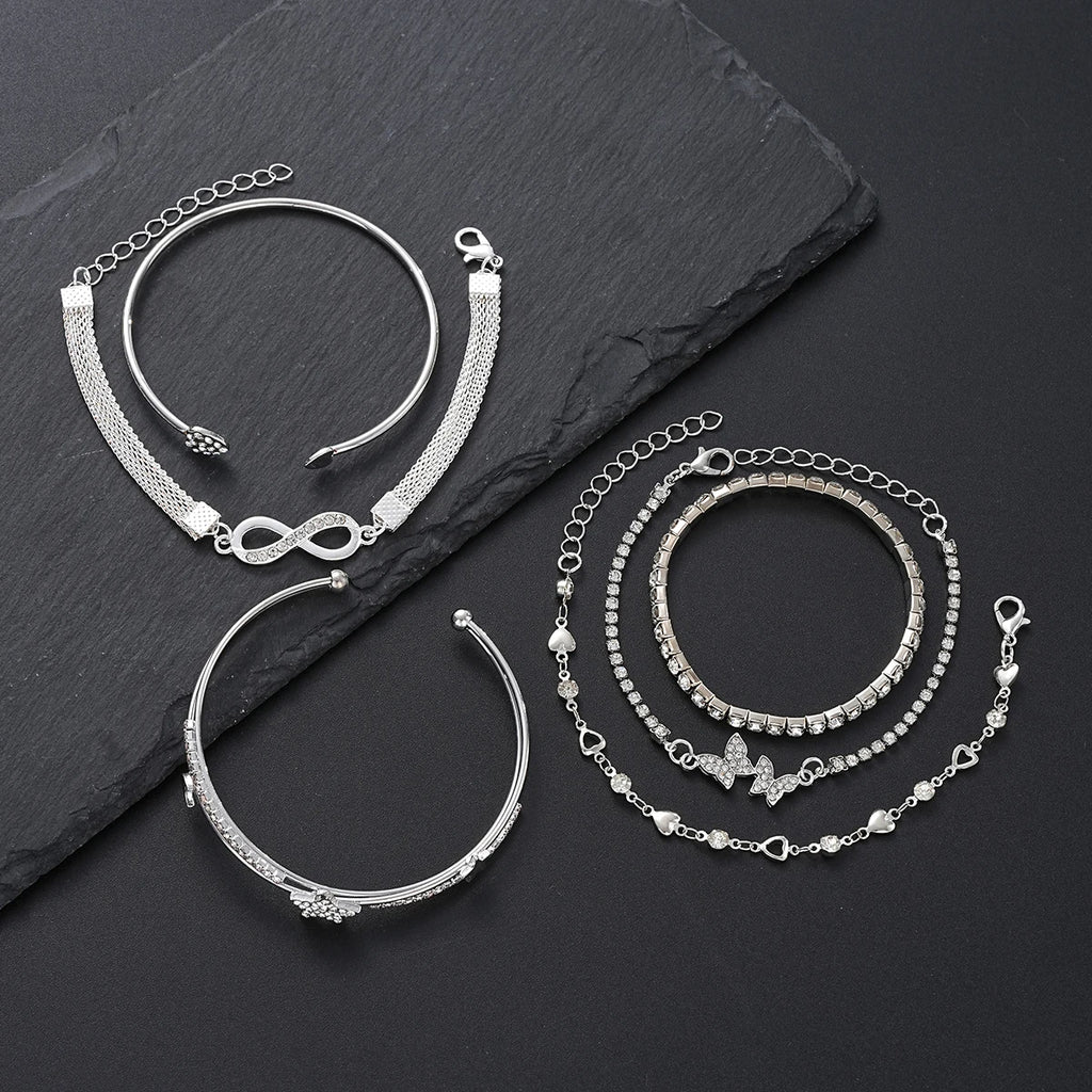 Elegant Sparkling Rhinestone Bracelets Set for Women Butterfly Heart Infinity Star Designs Open Bracelet Daily Wear Jewelry Gift