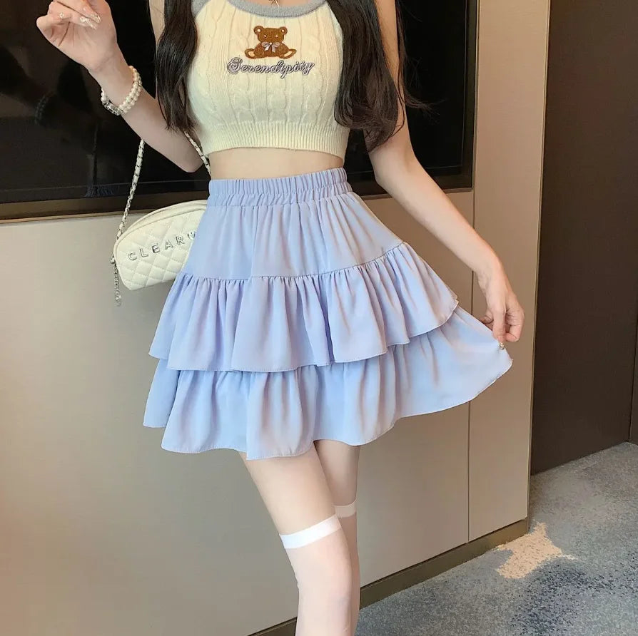 Ruffled Cake Skirts for Women High-waisted A-line Solid All-match Sweet Lovely Girls Korean Style Gentle Spring Kawaii Casual