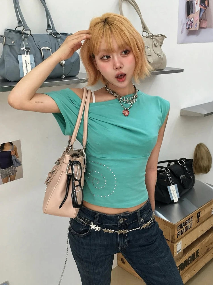 Weird Puss Skew Collar t-Shirt Women Fake 3d Decoration Short Sleeve Skinny Summer Fashion Simple Elasticity Daily Streetwear