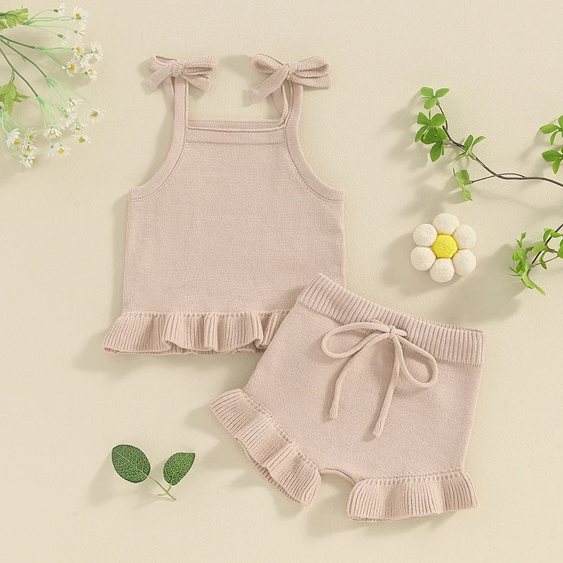 2024-01-15 Lioraitiin Newborn Baby Girl Outfits Knit Solid Color Sleeveless Cami Tops With Elastic Waist Shorts 2Pcs Clothes Set