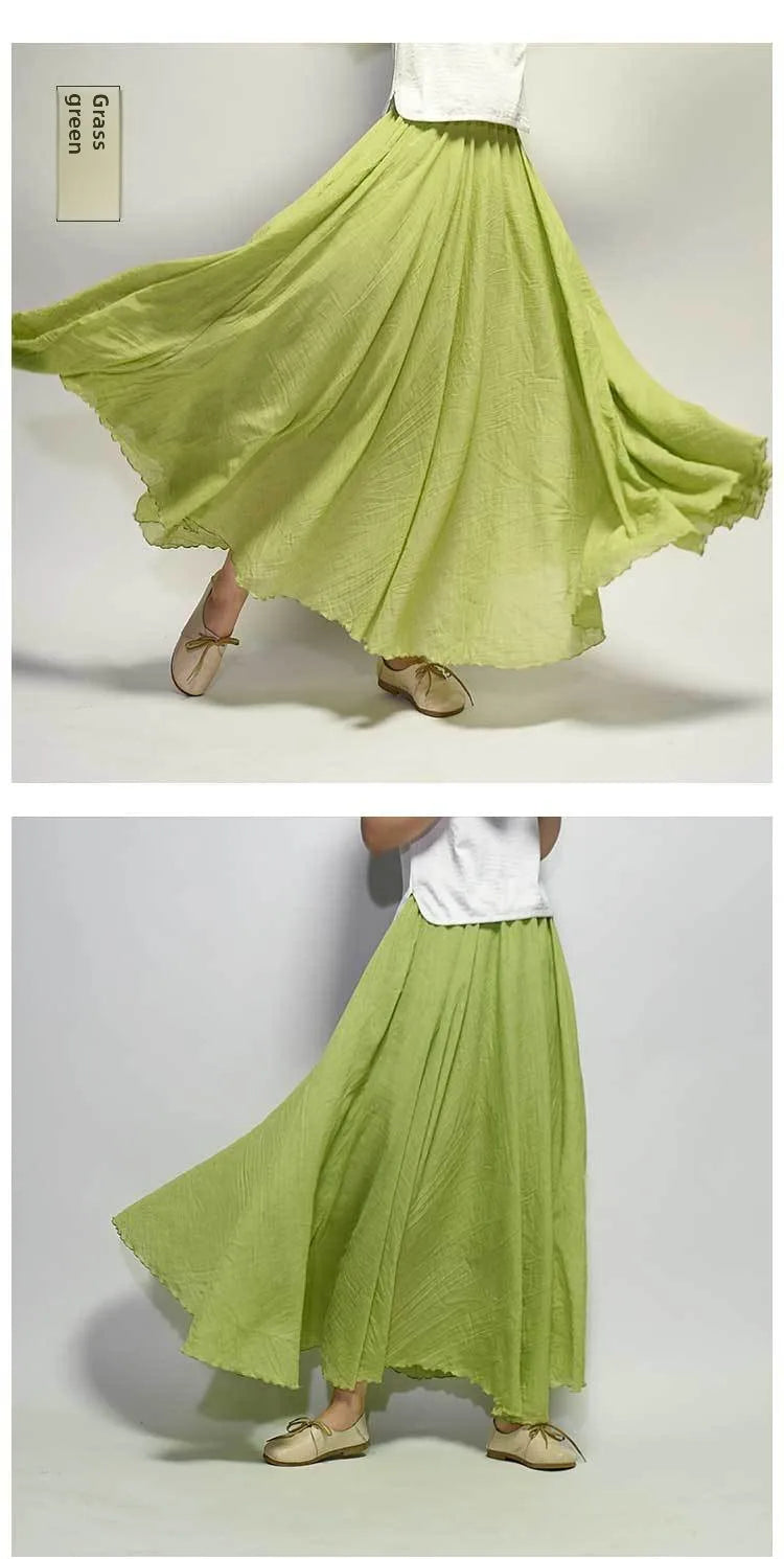 New In 2026 Spring Summer Woman Cotton Linen Midi Skirt Solid Color Loose Flared Pleated A-line Skirt Female Sweet Elegant Skirt