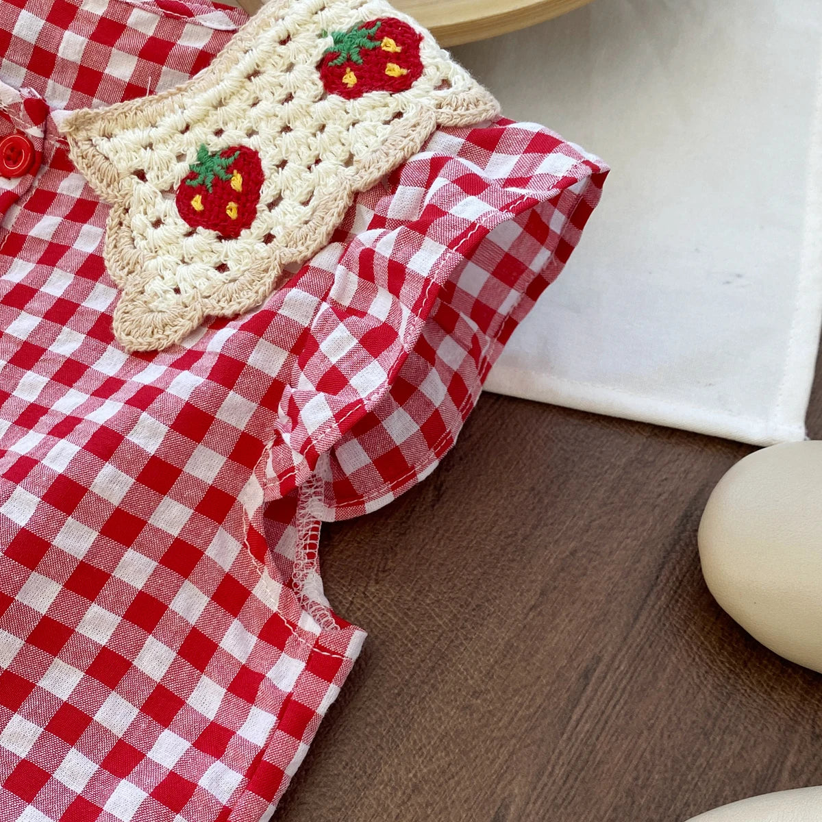 Humor Bear Girl Casual Dress 2026 New Fashion Strawberry Crochet Collar Plaid Flying Sleeve Dress Cute Outfits Girls Vestidos