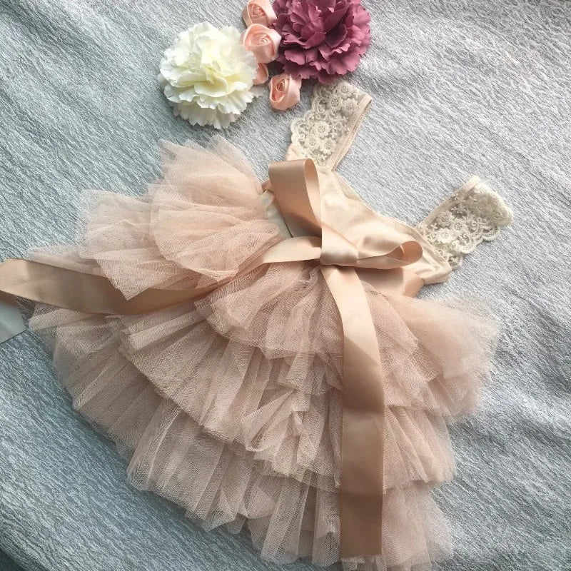 Flower Girl Lace Tulle Dress Elegant Princess Weddings Birthday Party Costumes for 3m To 7y Girls Baptism Festival Ball Gown