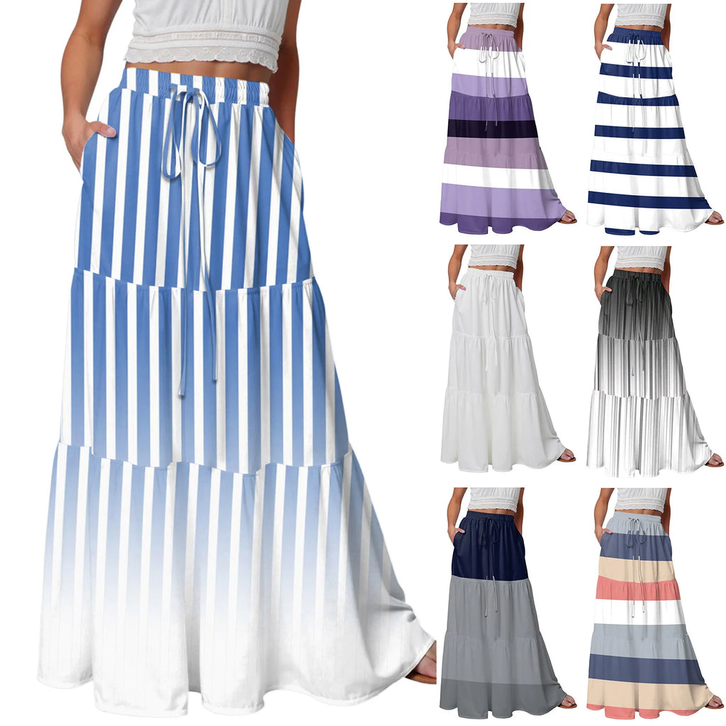 Women's Color Block Pleated Skirt Elastic Waist Floor Length Skirts With Pockets Drawstring Elastic Waist Flowing Maxi Skirt