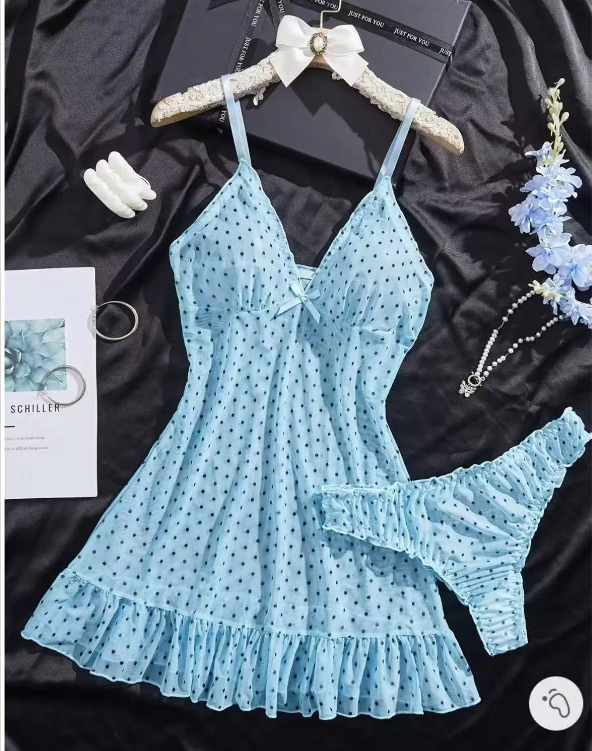 Sexy Women Pink Deep V Polka Dot Stretch Mesh Spaghetti Strap Nightgown Panties Two Piece Sleepwear Lingerie Set