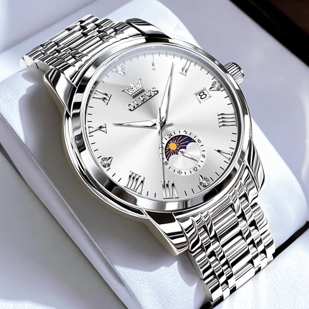 OLEVS 3656 Brand Men's Watches Fashion Original Quartz Watch for Man Waterproof Stainless Steel Luminous Wristwatch Moon Phase