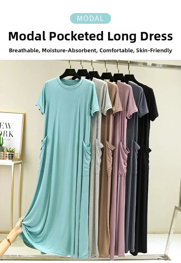Casual Modal Sleep Dress Women Summer Large Size round Neck over Knee Long Dress Loose Slimming Short Sleeve Dress
