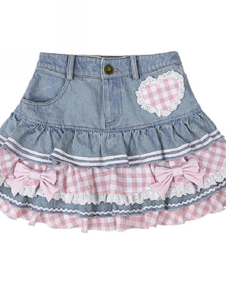 Japanese Sweet Lolita Mini Skirts Ball Gown Women Harajuku Cute Denim Skirt Preppy Style Girls High Waist Kawaii Lace Cake Skirt