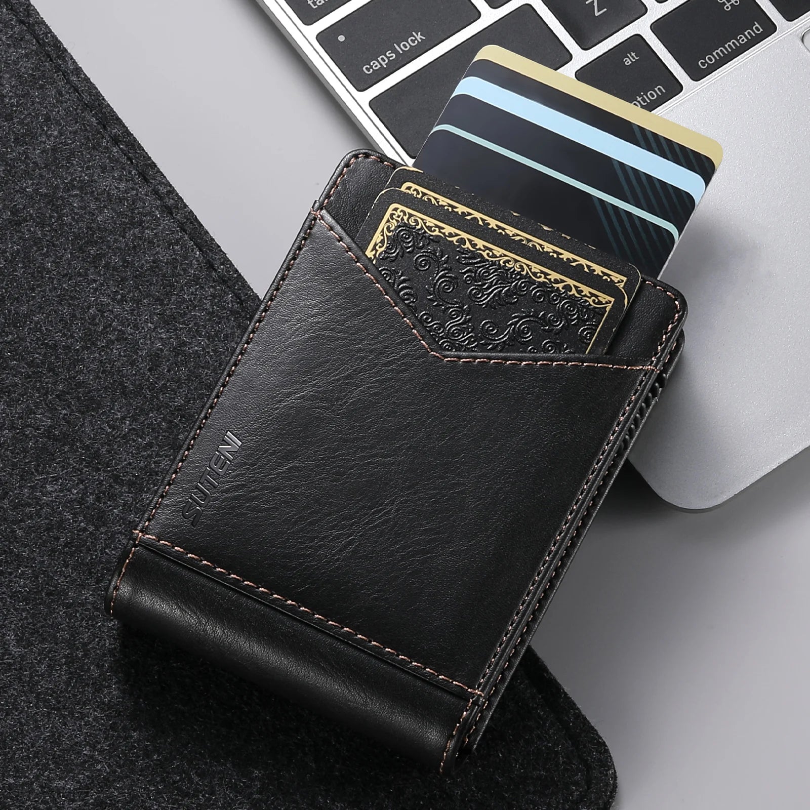 SUTENI Card Slot Wallet Flip Cover Faux Leather Card Box Pressing The Button Automatically Ejects The Card