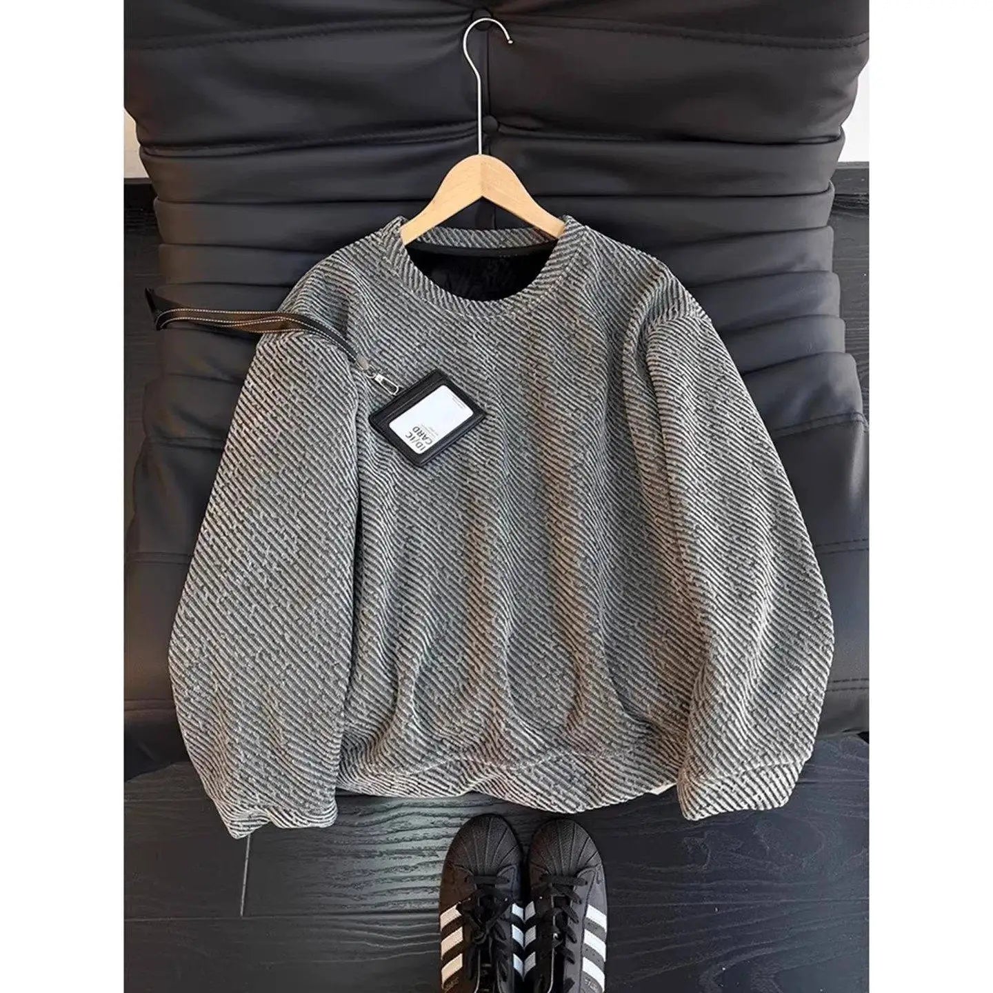 Black round Neck Long Sleeve Sweatshirt Men's Autumn Winter Heavyweight Base Layer Shirt Tianxing Comfortable Casual Style