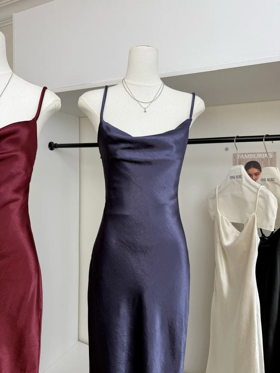 Women's Summer Sexy Swinging Collar Sheen Acetate Slim Long Dress Lady Sleeveless Strap Solid Color Satin Holiday Party Dress