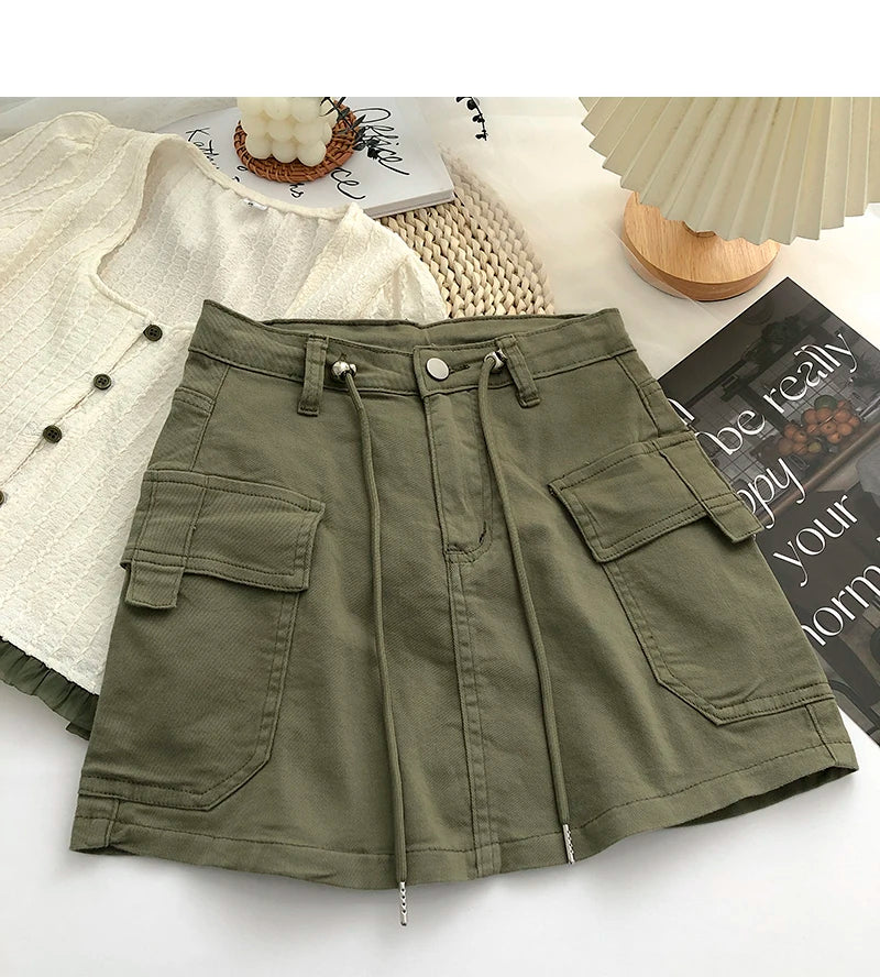 Retro High Waist Denim  Skirt Women's Spring Summer Autumn Casual Drawstring Anti-Light Short Skirt Polyester Fiber