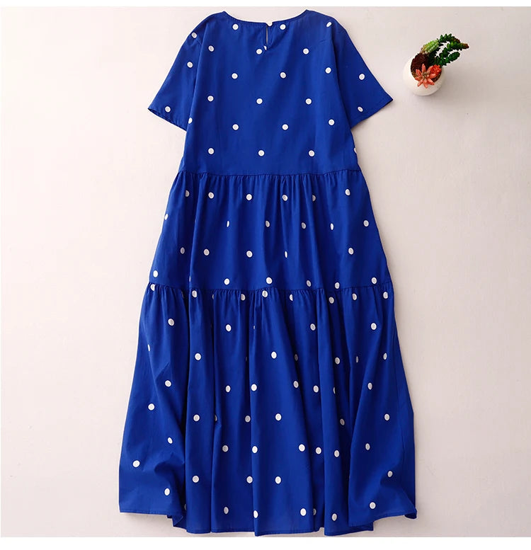 High-End Blue Pure Cotton Floral Print Dress Women's Summer 2025 round Neck Long Dress Polka Dot Skirt Comfortable A-Line