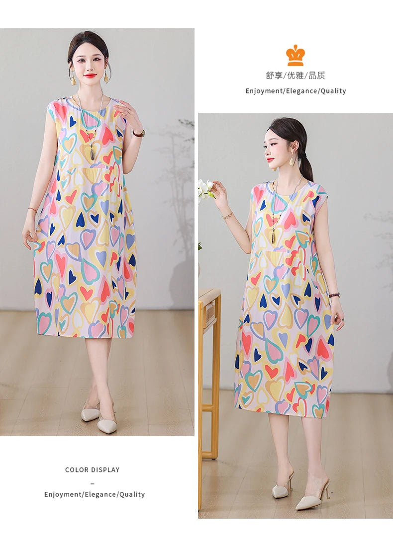 New Fashion Vintage Floral Print  Sleeveless Casual Party Femme Summer Dresses For Women 2025 O-neck Straight Women Clothing