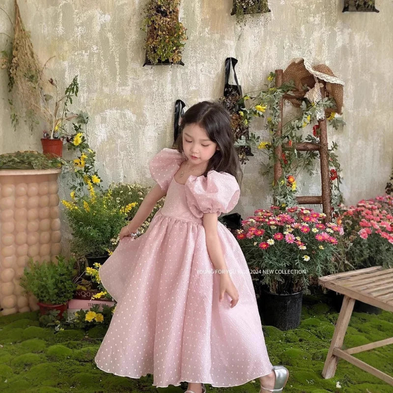 In-stock summer dress with puff sleeves for girls, princess dress for older girls, pearl gauze dress