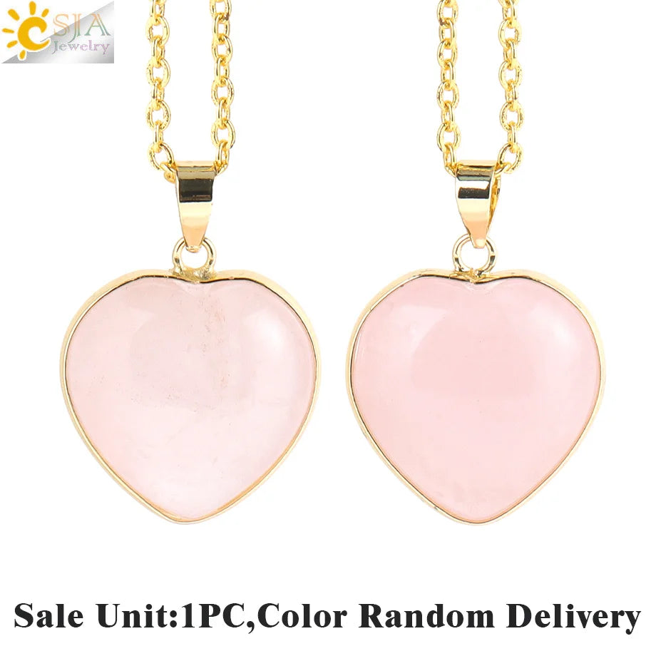 Csja Collar Corazón de Cristal para Mujer, Curativo, Cuarzo Rosa, Amatista, Colgante de Piedra Natural