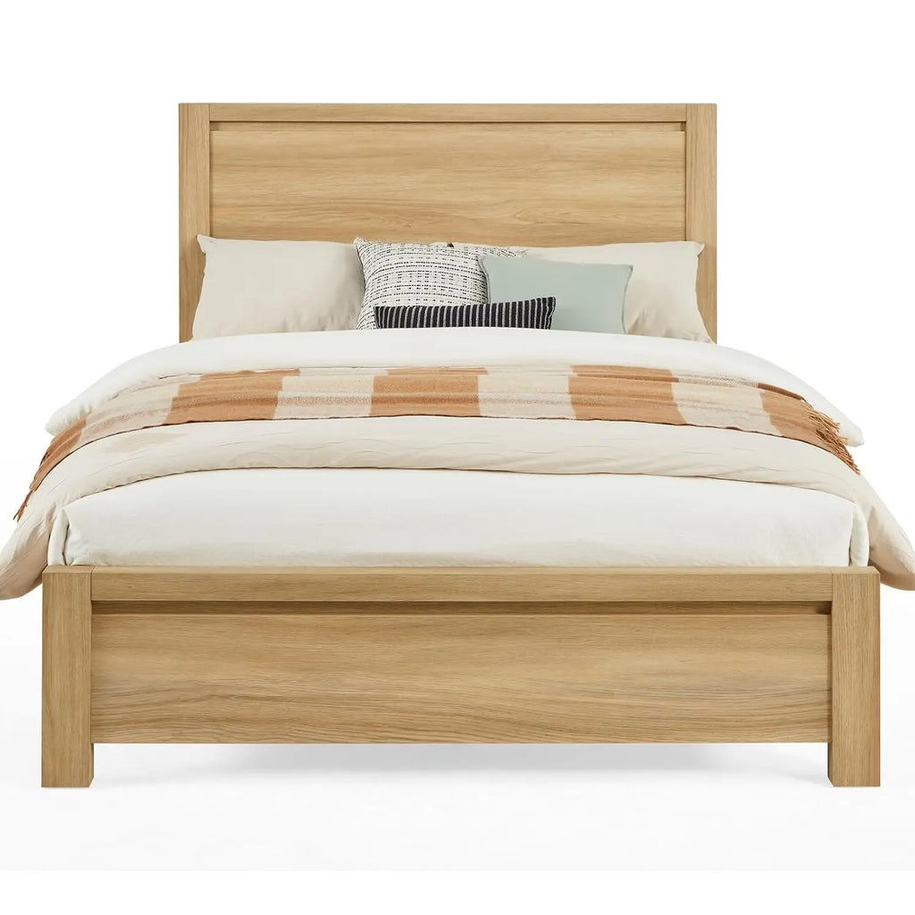 Mid-Century Queen Bed Frame Headboard Wood Slat Support Noise Free No Box Spring 1000Lb Easy Assembly Oak, Customized