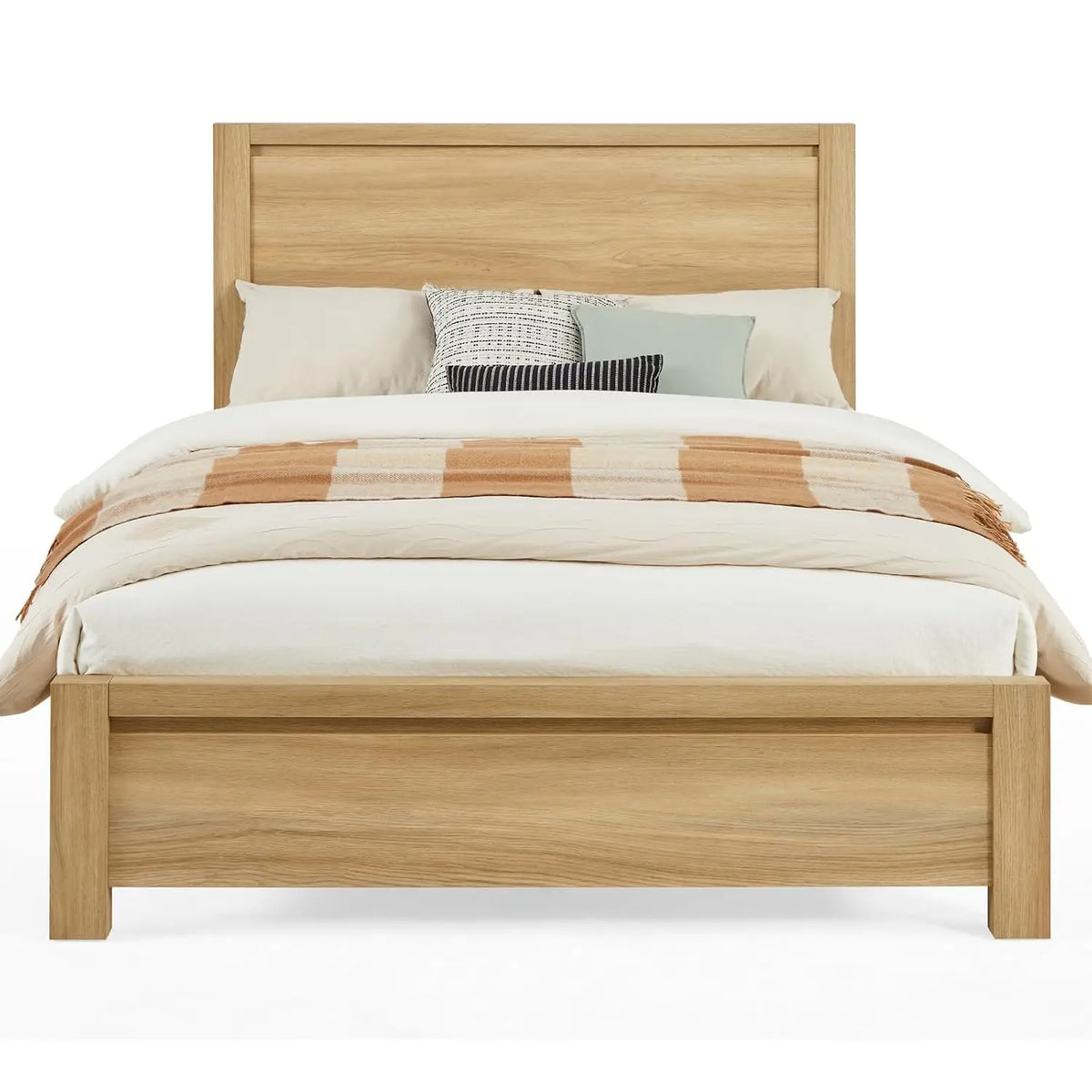 Mid-Century Queen Bed Frame Headboard Wood Slat Support Noise Free No Box Spring 1000Lb Easy Assembly Oak, Customized