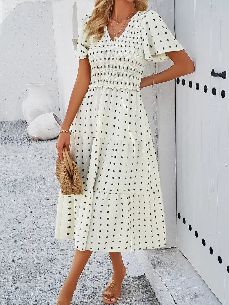 Summer Women's Casual Polka Dot Long Dress Vacation Boho Short Sleeve Solid V-neck Beach Sundress Elastic Waist Midi Dresses