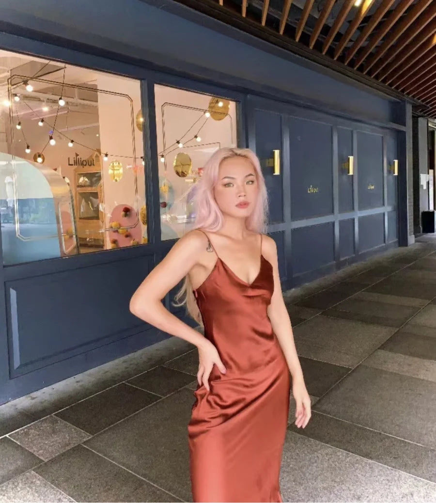 New Elegant women's fashion silk satin texture MIDI dress sexy backless party slip dress