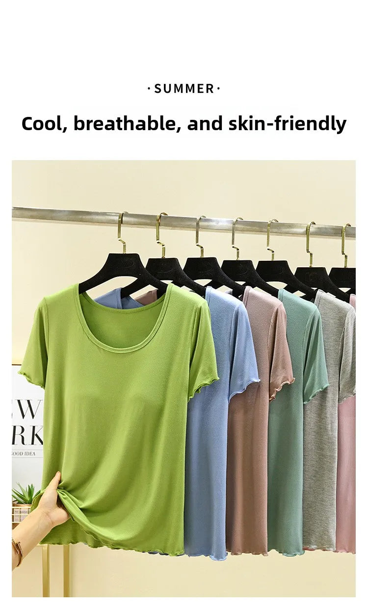 Modal No- Bra T-Shirt One-Piece Short Sleeve Women Summer Wear Casual Solid Color Base Layer Outdoor Wear round Neck T-Shirt