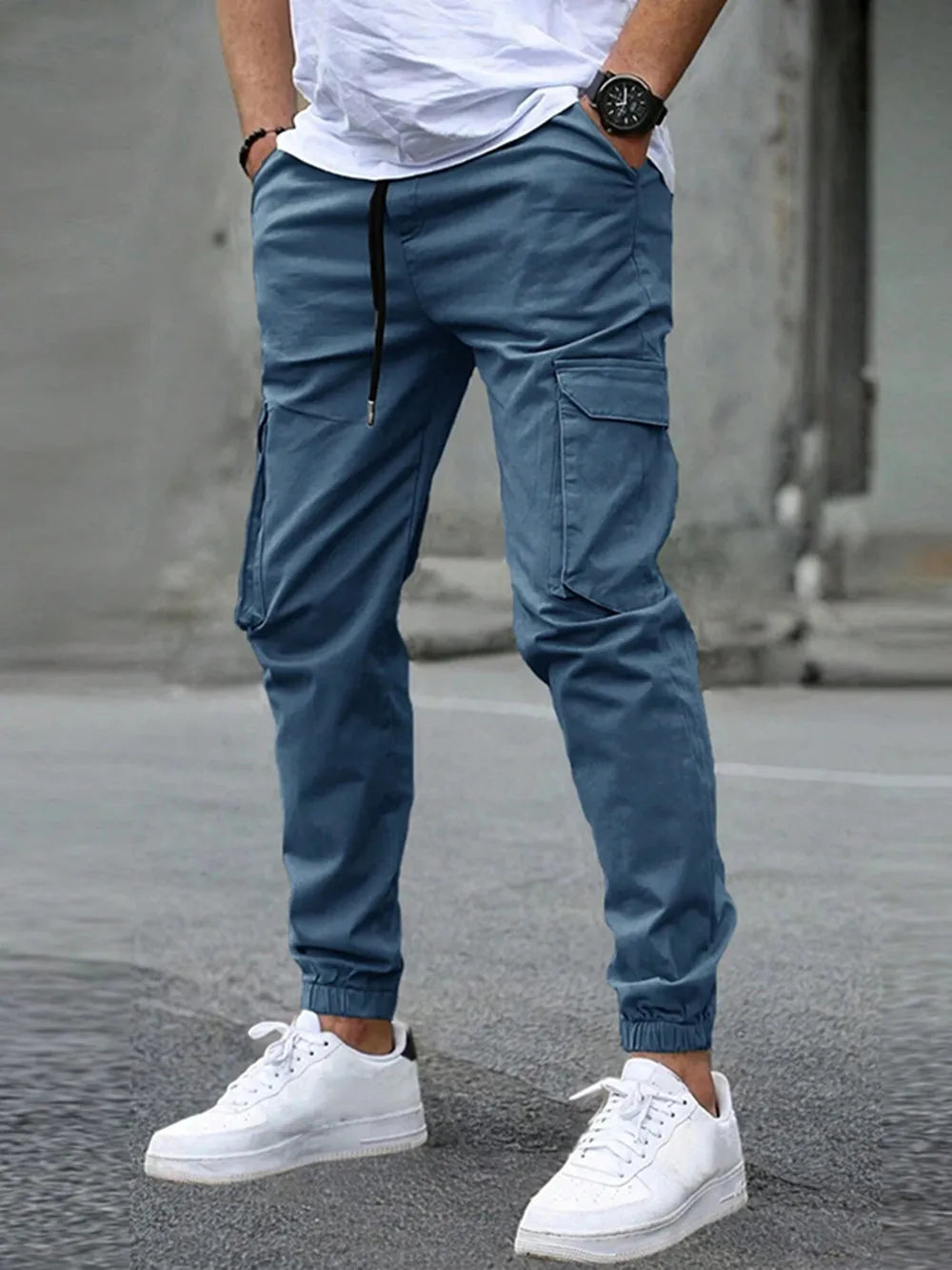 Men Elastic Drawstring Cargo Jogger Pants Multi Pocket Casual Streetwear Hip Hop Jogging Sweatpants Daily Work Trousers