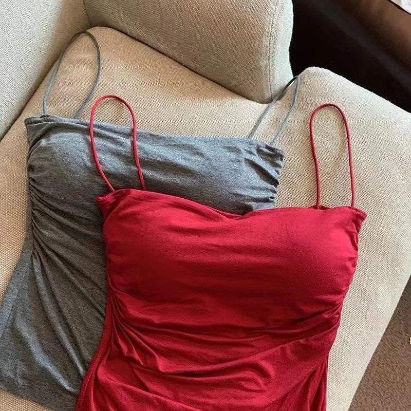 Built In Bra Camisole Tank Top For Women With Medium Stretch Cropped Sleeveless Vest