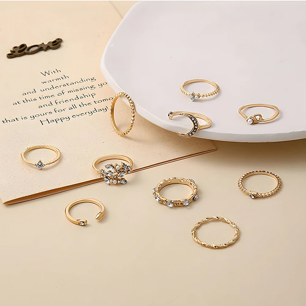 10Pcs Rings Suit For Women'S Gold-Color Chain Ring Set Bohemian Style Coin Snake Moon Star Leaves Love Trend Jewelry