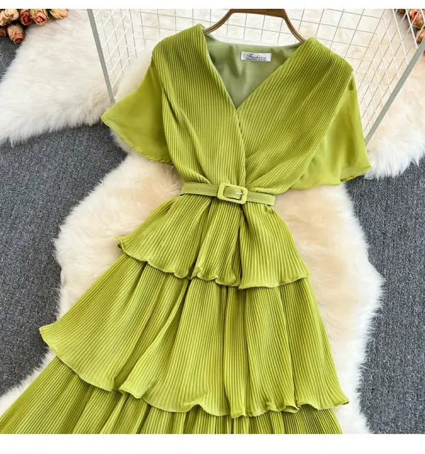 Beach Vaion Vintage Women's V-ne High-waist Cake Dr Ele Aosphere Maxi Skirt Loose Fit ort Sve Ci Commute