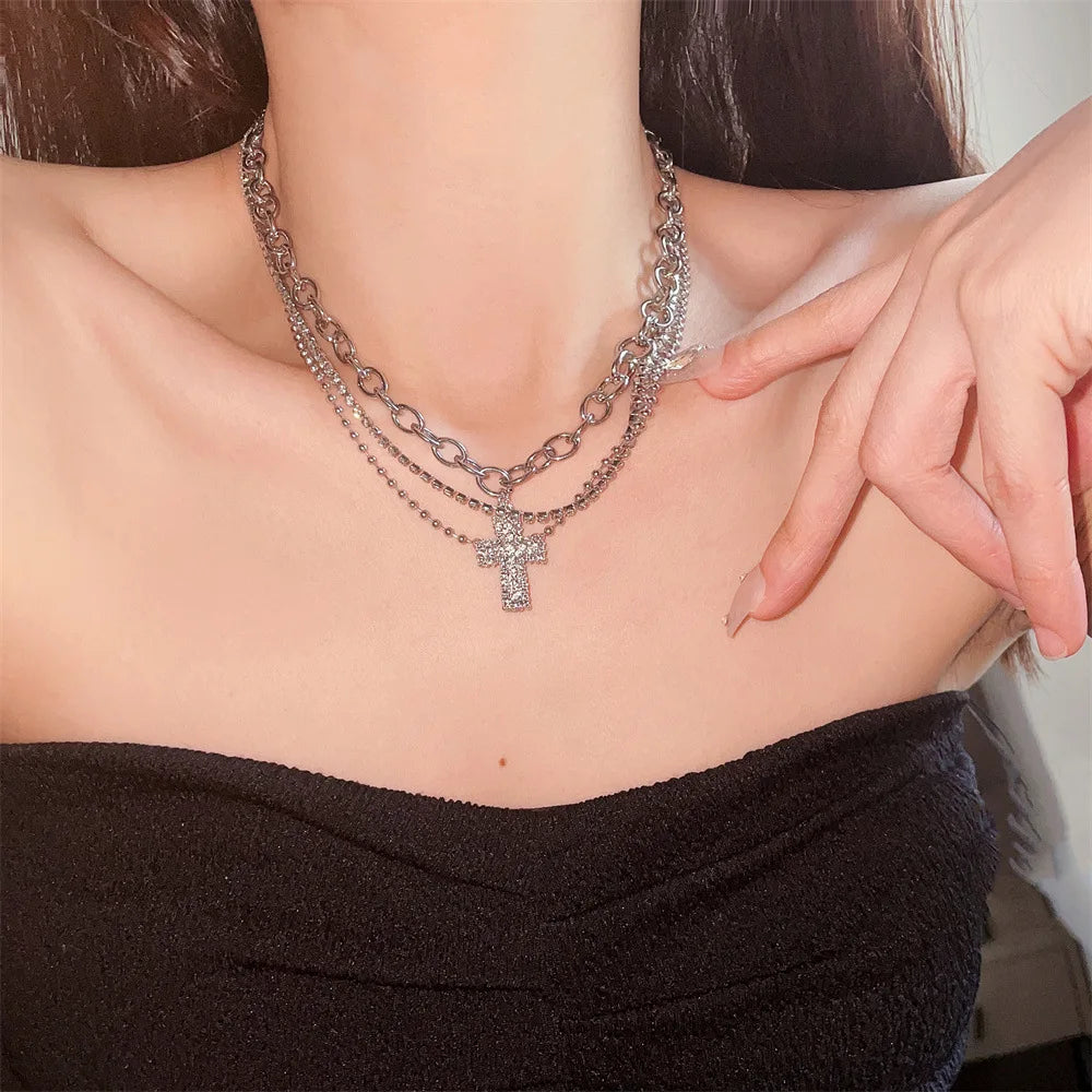 Punk Zircon Cross Pendant Necklace for Men Women Spicy Girl Sweet and Cool Style Multi Layered Necklace Gothic Jewelry Gifts