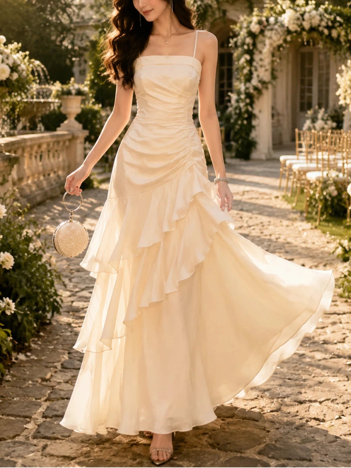 Elegant French Spaghetti Strap Maxi Evening Party Dress Women Slim Fit Ruffle Hem Party Prom Dresses Banquet Gown Wedding Guest