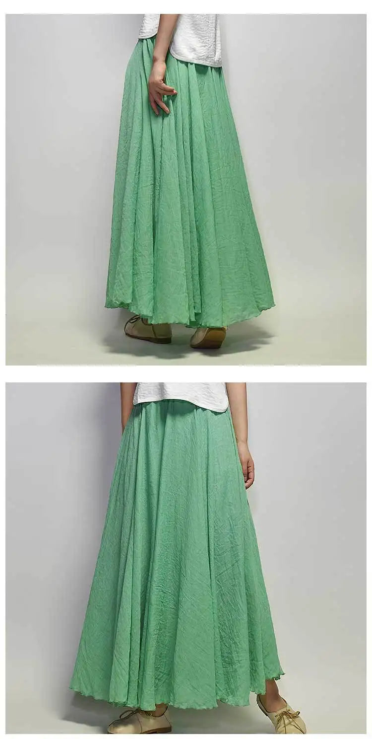 New In 2026 Spring Summer Woman Cotton Linen Midi Skirt Solid Color Loose Flared Pleated A-line Skirt Female Sweet Elegant Skirt