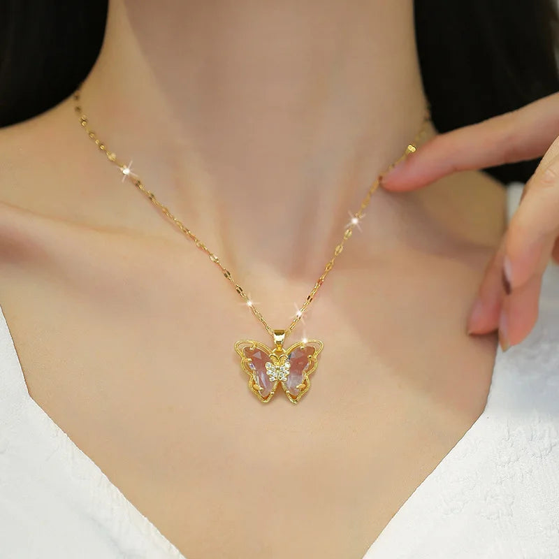 (Titanium Steel) Gorgeous and Stylish Hollow Titanium Steel Butterfly Necklace with Crystal Drop Decoration for Women